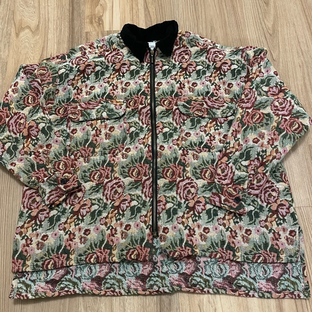 Vintage Tangibles Floral Tapestry Full Zip Jacket with Corduroy Collar